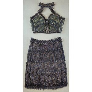 NWT Sherri Hill 52225 Beaded Halter Top Fringe Skirt 4 Liquid Metalic Flapper